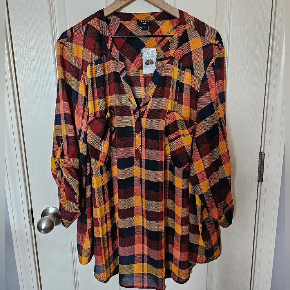 Torrid Harper Plaid Shirt in Red, Orange, and Black